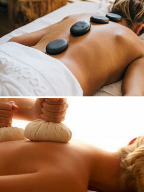 Massage aux pierres chaudes et aux pochons d'herbes
